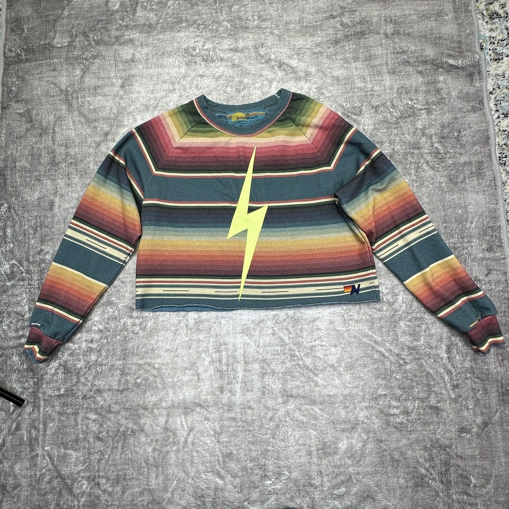 Aviator Nation XL Cropped Lightning Bold Serape Stripe Sweatshirt Made USA